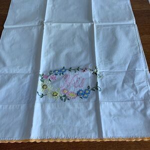 1Vintage Embroidered HIS Pillowcase Pink Yellow Grn Flowers Crochet Edge Percale